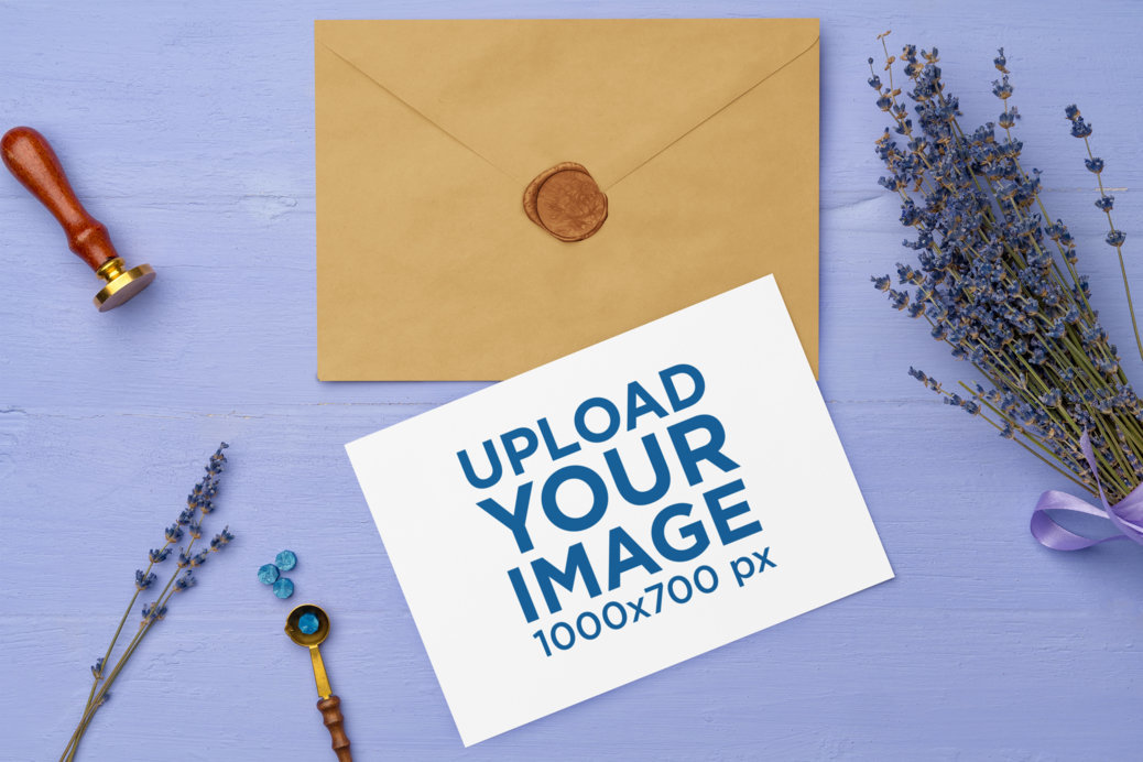 Postcard Mockup Featuring an Envelope and Lavender Flowers