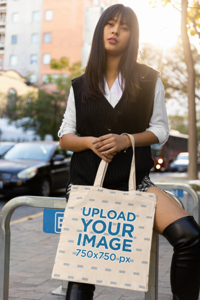 Sublimated Tote Bag Mockup Featuring a Serious Stylish Woman
