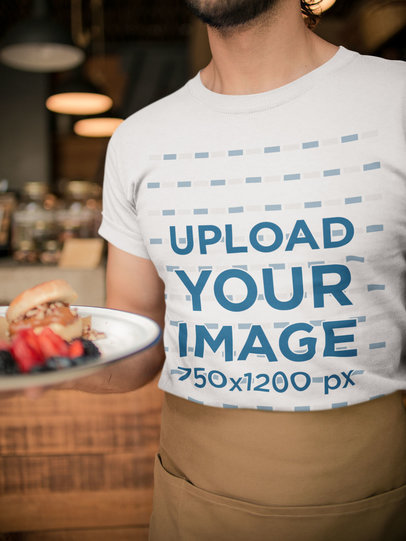 Close-Up T-Shirt Mockup of a Waiter Serving Breakfast