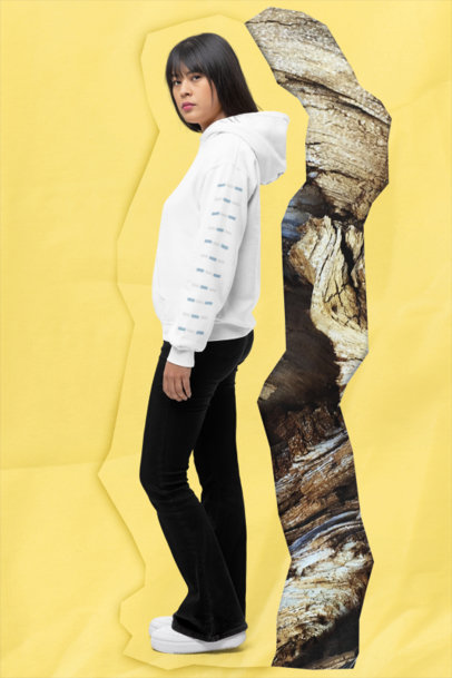 Gildan Hoodie Mockup Featuring a Woman and a Cut-Out Collage Style