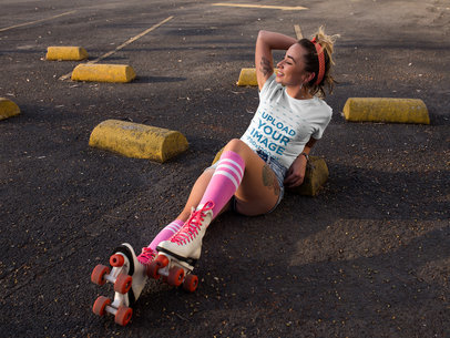 T-Shirt Mockup of a Trendy Woman Posing at a Parking Lot