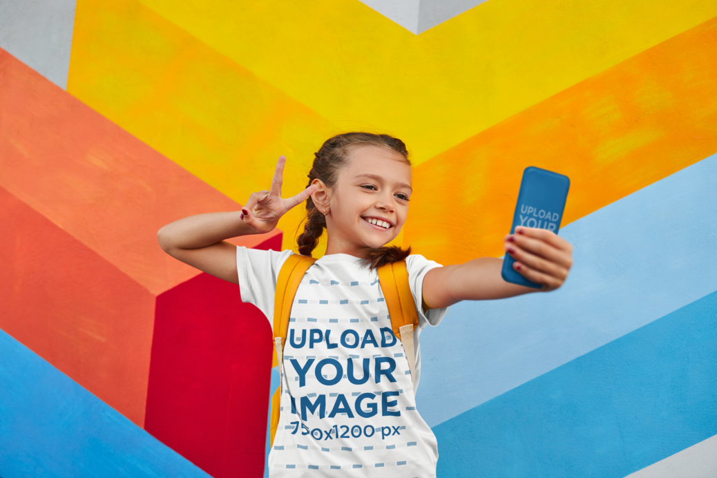 Selfie-Themed Mockup Featuring a Girl Wearing a Round-Neck T-Shirt and Using a Phone Case