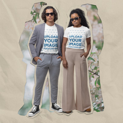 Bella Canvas T-Shirt Mockup of a Couple in Matching Outfits and Sunglasses