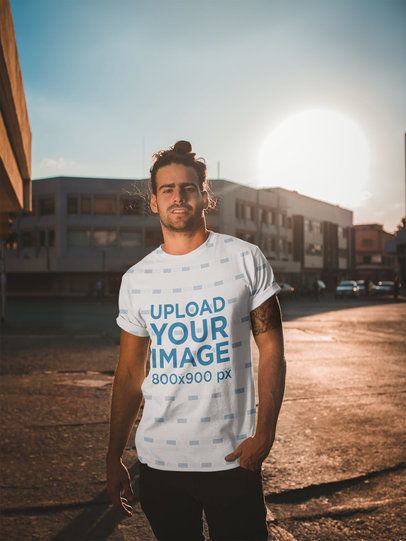 Mockup of a Man Wearing a T-Shirt with Roll Up Sleeves on the Street
