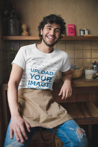T-Shirt Mockup of a Waiter Chilling at Work
