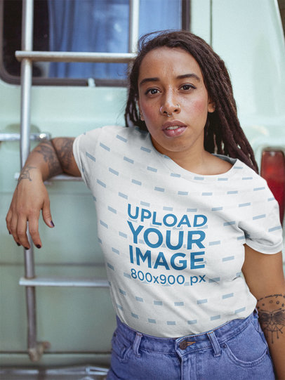 Mockup of a Woman Wearing a T-Shirt Living the Van Life