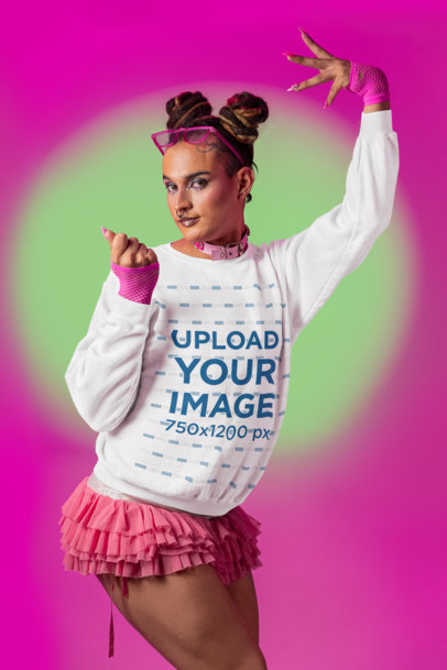 Gildan Sweatshirt Mockup of a Stylish Woman Featuring a Vogue-Inspired Theme