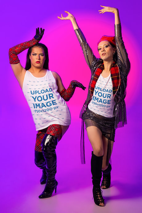 Gay Pride Month-Inspired Tank Top Mockup of Two Women Voguing