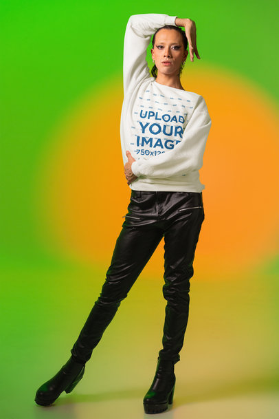 Gildan Crewneck Sweatshirt Mockup Featuring a Woman and a Vogue-Inspired Theme