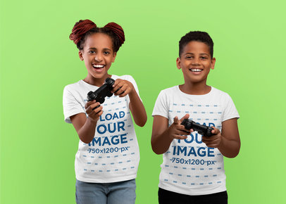 T-Shirt Mockup of Two Siblings Playing Video Games with a Controller m32841 r-el2