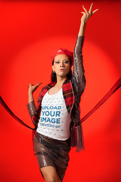 Bella Canvas Tank Top Mockup Featuring a Stylish Woman and a Vogue-Inspired Theme