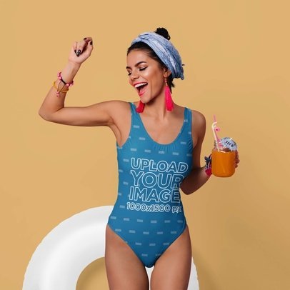 Swimsuit Mockup of a Happy Woman Dancing and Holding a Cocktail