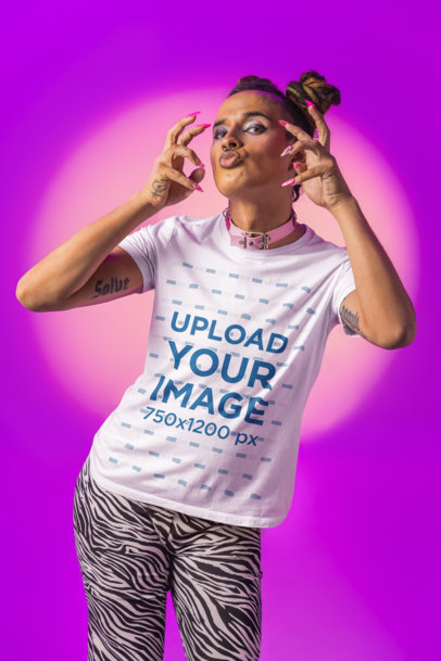 Bella Canvas T-Shirt Mockup Featuring a Tattooed Woman in a Vogue-Inspired Photoshoot