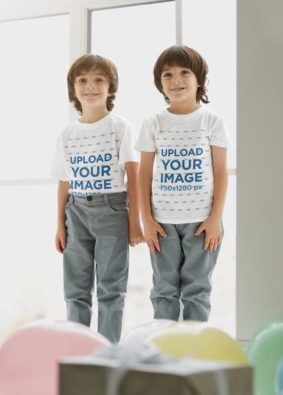 Round-Neck T-Shirt Mockup Featuring Two Little Boys Smiling