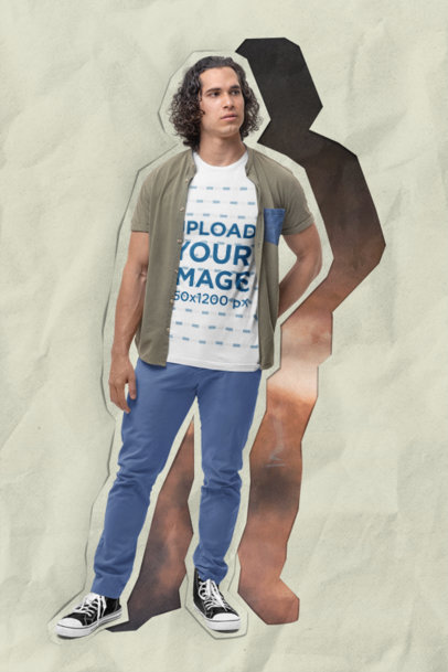 Cut-Out Collage-Style Mockup of a Curly-Haired Man Wearing a Bella Canvas Tee