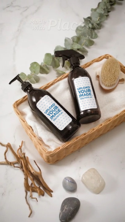 Video of a Glass Pump Bottle and a Spray Bottle Placed on a Nice Basket