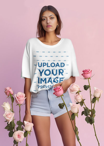 AI-Generated Mockup Featuring a Woman Wearing a T-Shirt While Posing With Roses