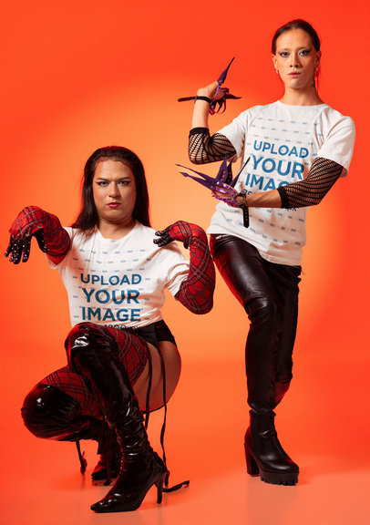 Bella Canvas T-Shirt Mockup of Two Serious Women Posing in a Vogue-Inspired Photoshoot