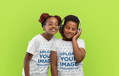 Round-Neck and V-Neck T-Shirt Mockup Featuring a Girl and a Boy Listening to Music in a Studio