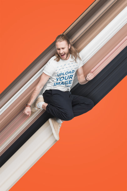 Kinetic Mockup of an Excited Man Wearing a T-Shirt Jumping in a Studio