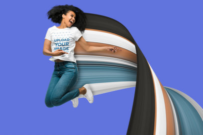 Kinetic-Themed Mockup Featuring a Joyful Woman With a T-Shirt Jumpin in a Studio
