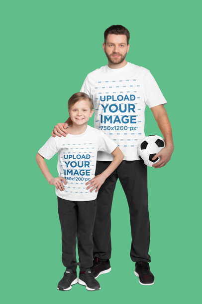 T-Shirt Mockup of a Smiling Boy With a Man Holding a Soccer Ball