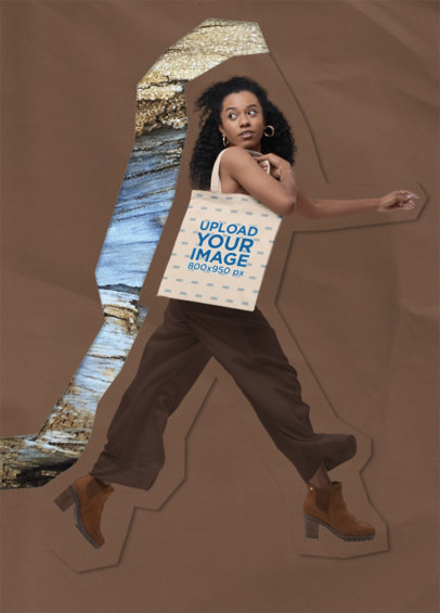 Tote Bag Mockup of a Woman Running Featuring a Collage Aesthetic