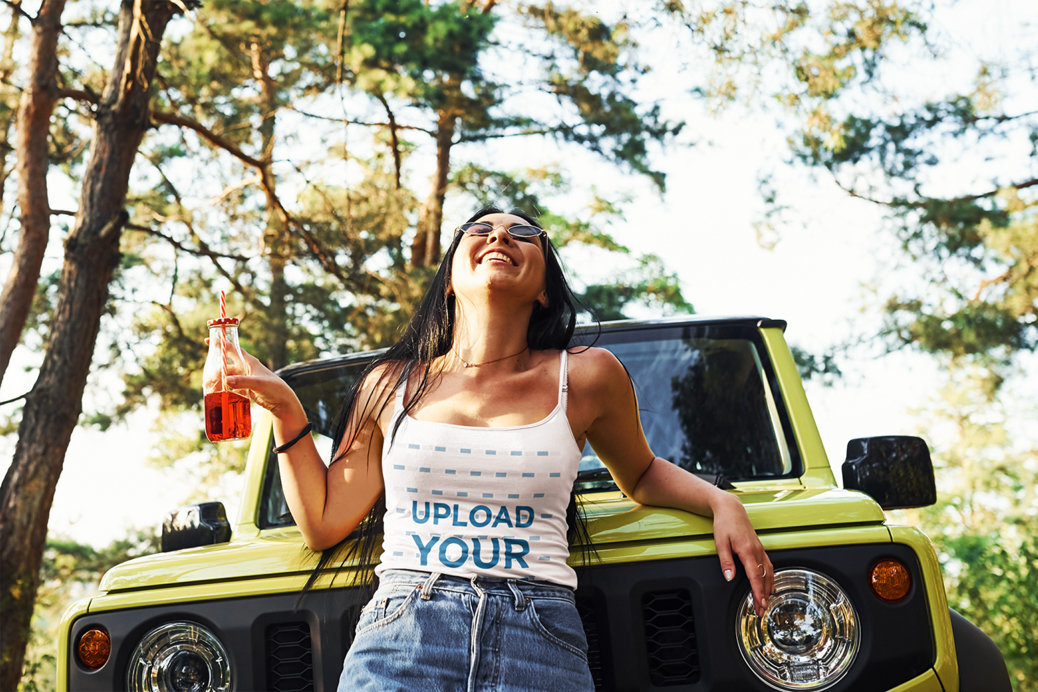 Tank Top Mockup of a Woman Celebrating Canada Day on a Forest