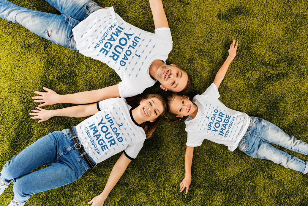 Canada Day-Themed Mockup of a Happy Family With Heathered T-Shirts Lying on the Grass