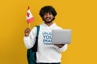 Hoodie Mockup Featuring a Smiling Bearded Man Holding a Flag for Canada Day