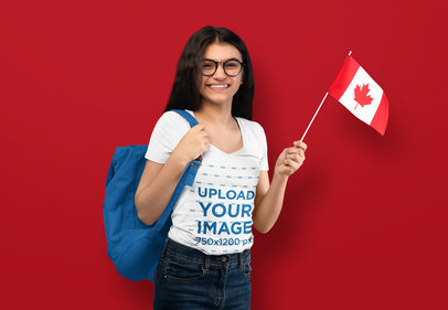 Heathered V-Neck T-Shirt Mockup of a Teenage Girl With a Flag for Canada Day