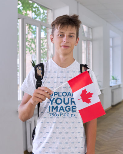 Heathered T-Shirt Mockup Featuring a Teenage Boy With a Canadian Flag