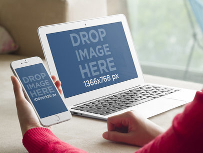 iPhone 7 and Macbook Air Mockup of Young Woman Sitting at a Table