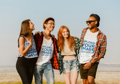 Heathered T-Shirt Mockup Featuring a Group of Friends Celebrating Canada Day