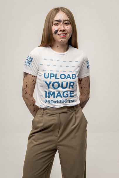 Round-Neck T-Shirt Mockup Featuring a Smiling Woman Posing Against a White Background