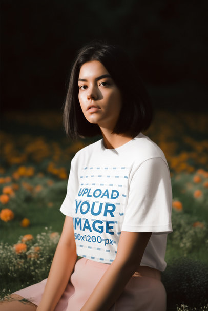 T-Shirt Mockup of an AI-Created Woman Sitting in a Garden with Flowers