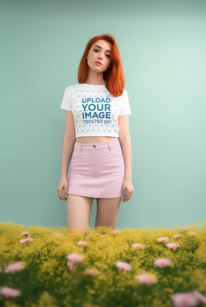 Crop Top Mockup of an AI-Created Woman with Red Hair Posing in a Studio with Flowers