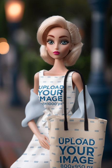 AI-Generated Dress Mockup of a Doll Inspired by Barbie Carrying a Tote Bag