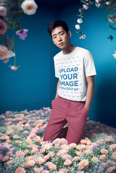 Spring-Themed Mockup of an AI-Generated Man Wearing a T-Shirt