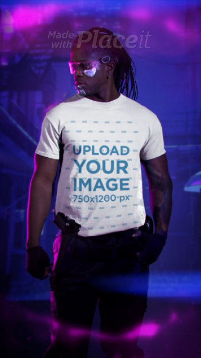 Round-Neck Tee Video of a Man in a Cyberpunk 2077-Inspired Outfit