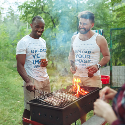 T-Shirt and Tank Top Mockup Featuring Two Men Making a Barbecue for Canada Day m34708 r-el2