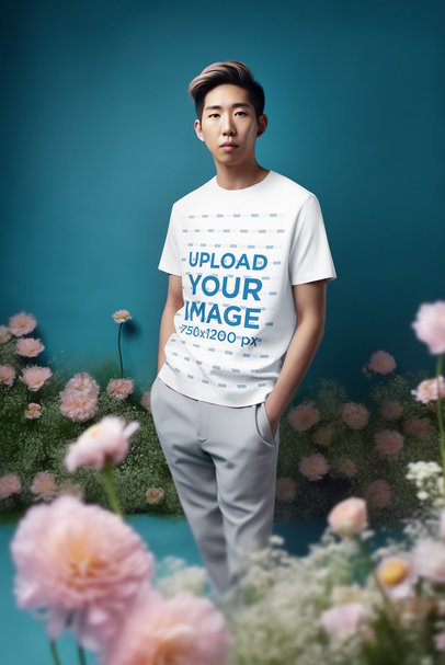 AI-Generated Mockup of a Man Wearing a Round-Neck T-Shirt Featuring Flowers