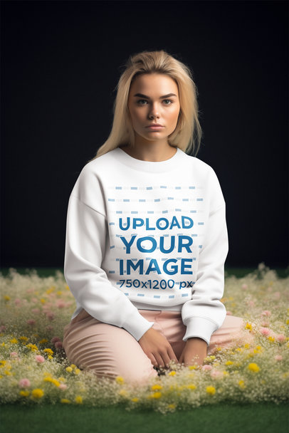 Sweatshirt Mockup Featuring an AI-Generated Woman Sitting on the Ground With Flowers