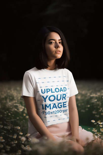T-Shirt Mockup of an AI-Generated Woman Posing With a Serious Look and Some Flowers
