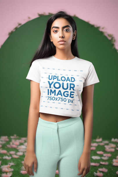 Floral-Themed Mockup Featuring an AI-Generated Woman Wearing a Crop Top