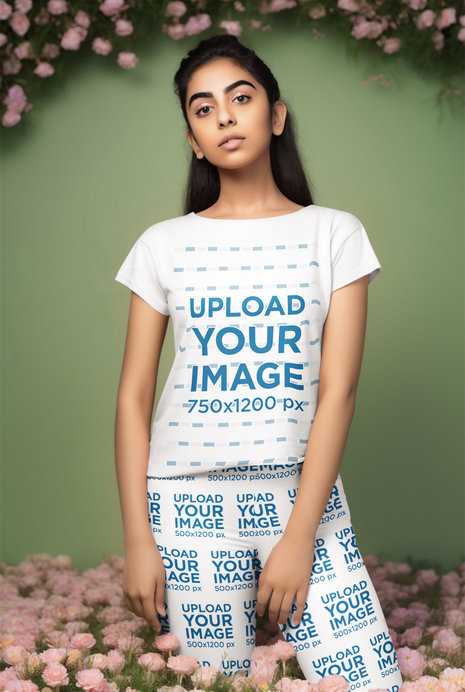 T-Shirt and Leggings Mockup of an AI-Generated Woman Posing With Pink Flowers