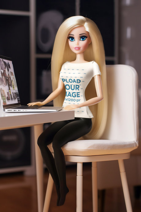 T-Shirt Mockup Featuring an AI-Generated Doll Inspired by Barbie Working on a Laptop