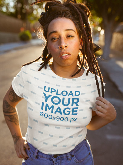 Sublimated T-Shirt Mockup of a Woman with Loc Braids