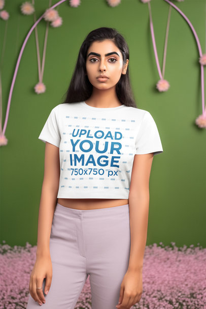 Crop Top Mockup Featuring an AI-Generated Woman Surrounded by Flowers