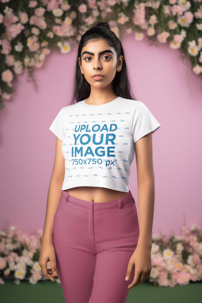 Mockup of an AI-Generated Woman Wearing a Crop Top in a Flower-Decorated Setting